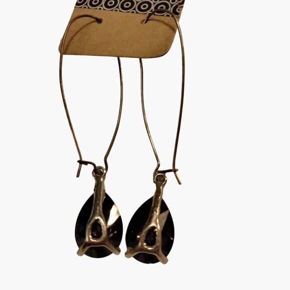 Silver Black Teardrop Crystal Dangle Earrings Large Hoop Gothic - Picture 4 of 5